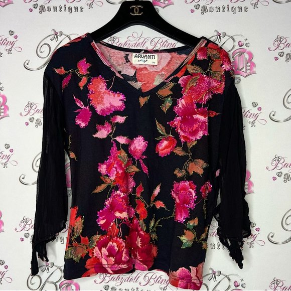 Arvanti scarf sleeve shirt y2k vintage sparkly sequin embroidered shiny floral - Picture 1 of 13